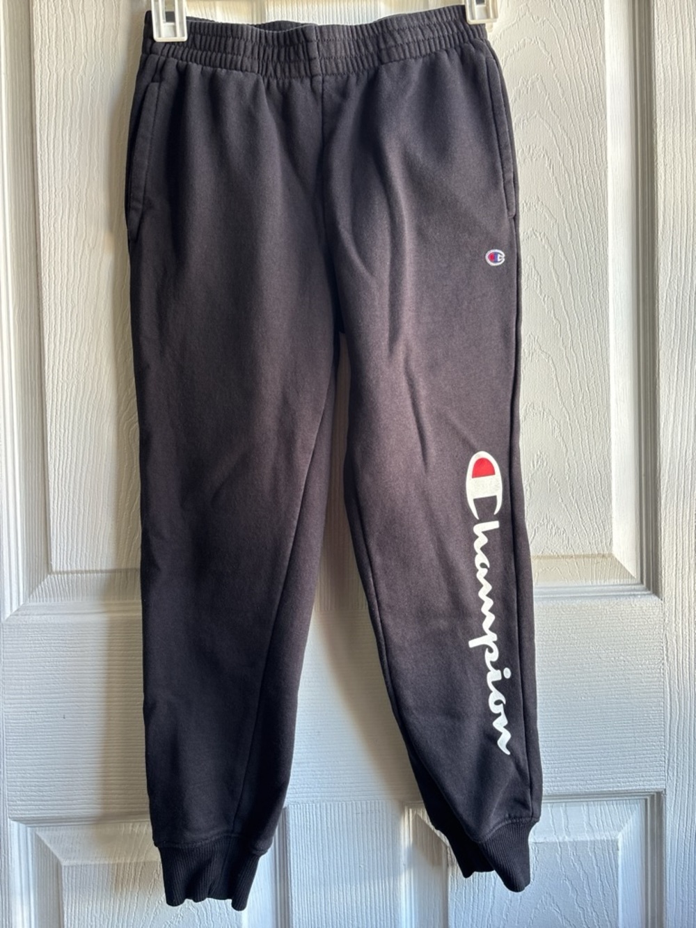 🏆Champion Boys Black Fleece Jogger Pants S (8) Logo, Pockets, Elastic Waist